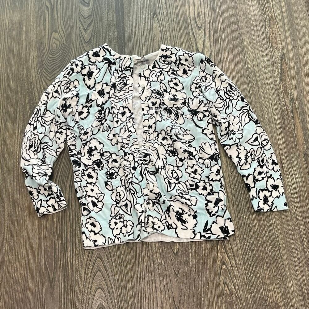 Ann Taylor LOFT Button-Up Cardigan Sweater Floral Print Light Blue/Multi Size M